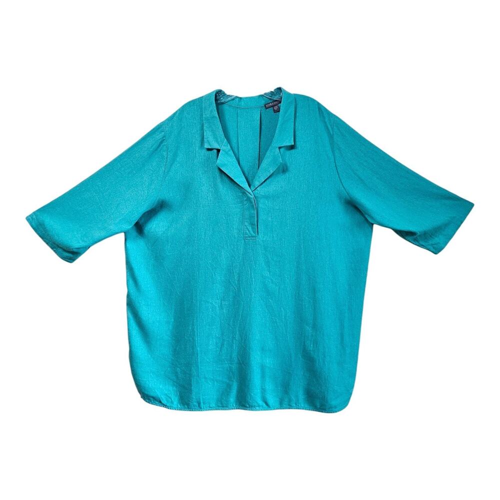 JESSICA LONDON Women Plus 24 Tunic Blouse Teal Green 3/4 Sleeve Linen Blend 54"